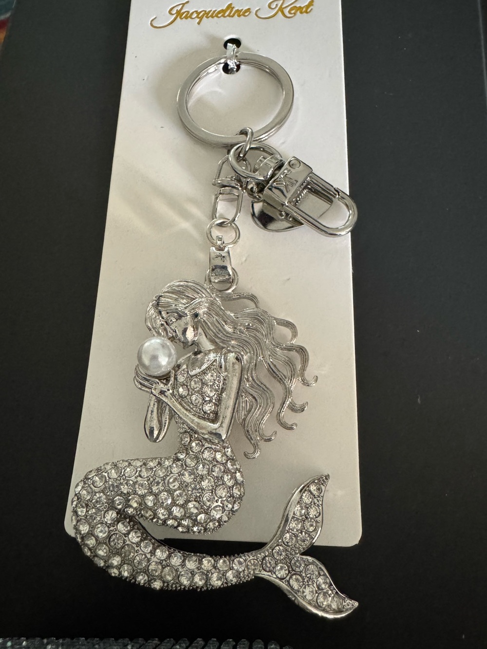 Silver Mermaid Key & Card Holder Charm with Crystal and Pearl Accent